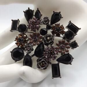 Vintage Black Pink Topaz Rhinestone Brooch, Floral Design on Silver Tone, 2 1/2"